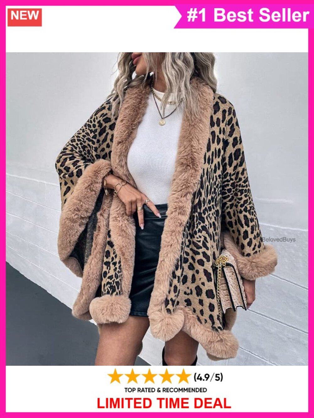 Leopard Print Knitted Poncho Shawl Wrap Faux Fur Collar Open Front - Picture 3 of 5
